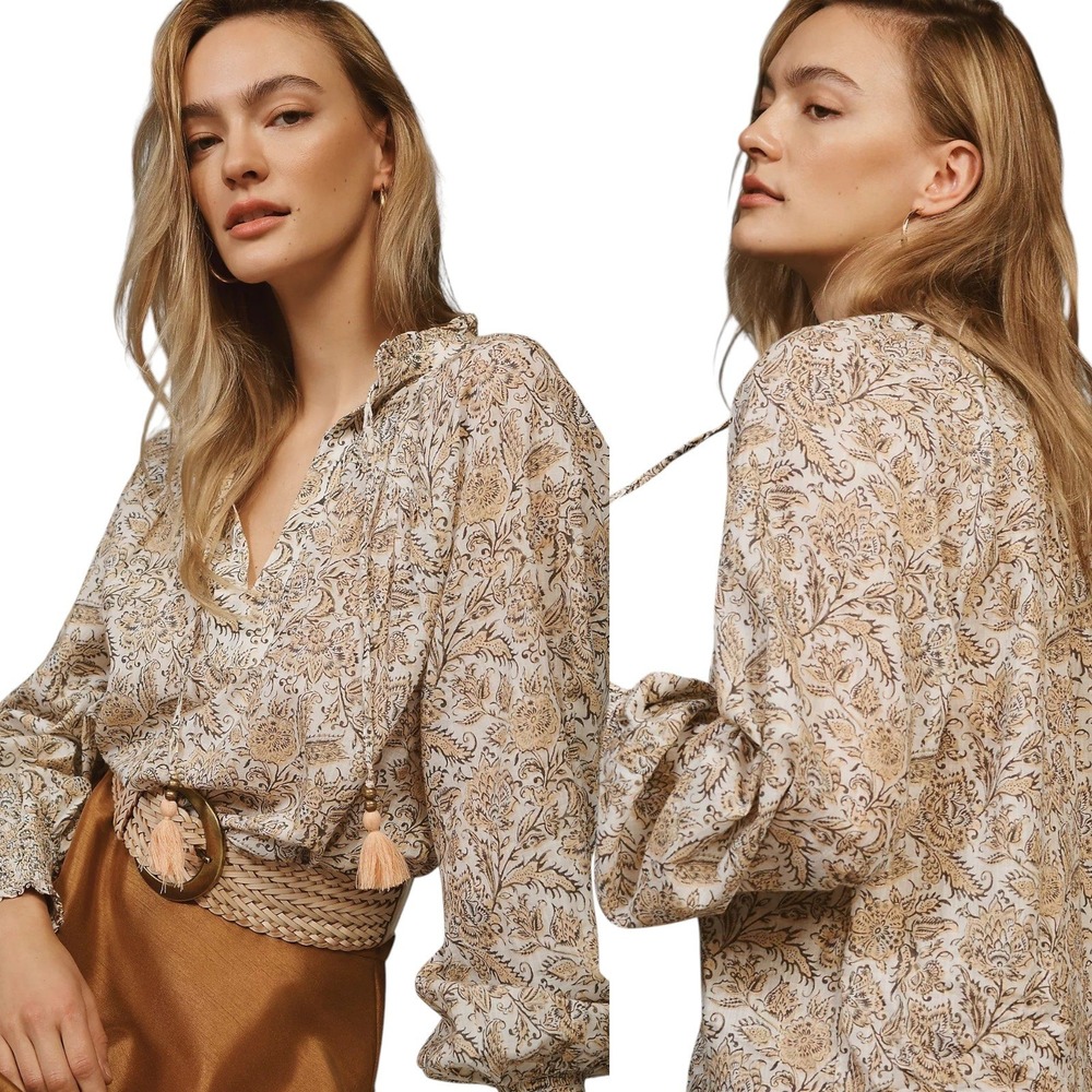 Anthropologie Tie-Neck Peasant Blouse Top Floral Paisley L Beige Tassel Boho‎